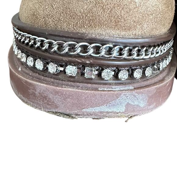 Vince Camuto Women's Branda Lace Up Booties Tan Suede Chains & Rhinestones - 8 - Picture 5 of 11